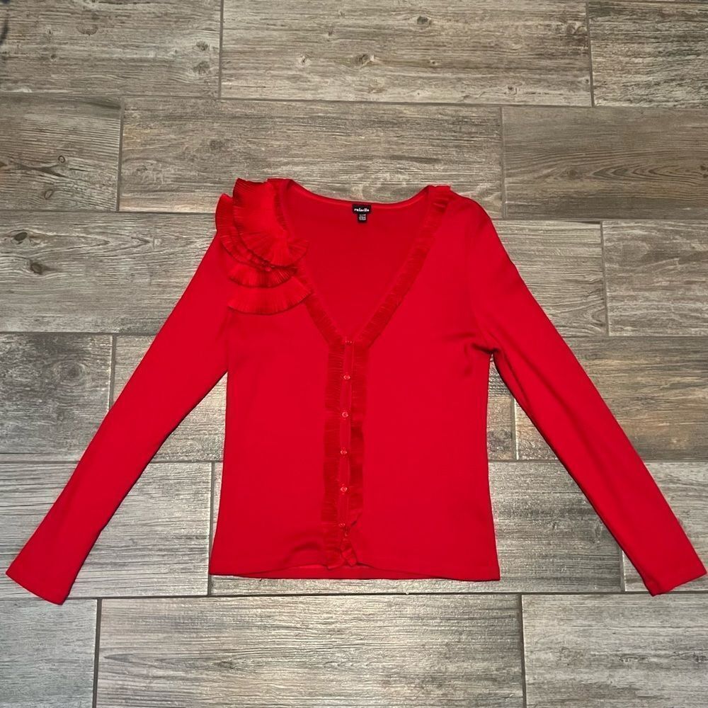 Vtg 90s Rafaella Red Pleated Ruffle Embellished Chiffon Shoulder Knit cardigan S